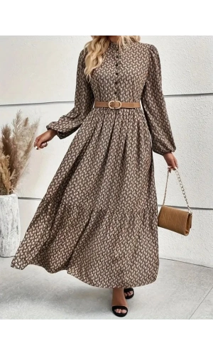 Kadın Uzun Kollu Hakim Yakalı Düğmeli Kemersiz Desenli Maxi Süprem Elbise