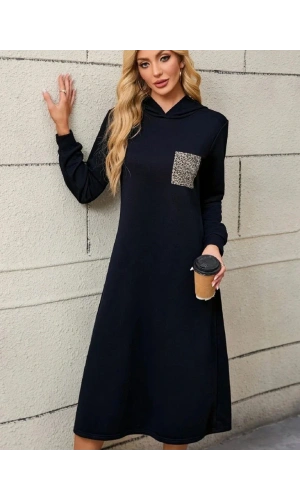 Kadın Uzun Kollu Kapşonlu Cep Detaylı Viskon Iki Iplik Maxi Elbise