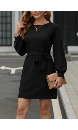 Kadın Uzun Kollu Kayık Yaka Belden Kuşaklı Kısa Ithal Krep Elbise