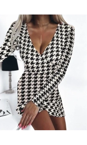 Kadın Uzun Kollu Kruvaze Yaka Kazayağı Mikro Mini Boy Elbise