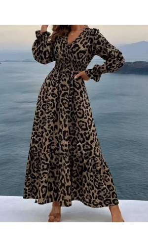 Kadın Uzun Kollu Kruvaze Yaka Leopar Desenli Uzun Süprem Elbise
