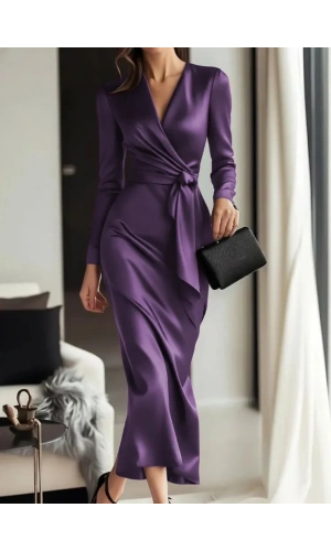 Kadın Uzun Kollu Kruvaze Yakalı Beli Kuşaklı Uzun Saten Elbise