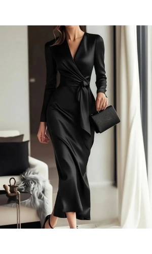 Kadın Uzun Kollu Kruvaze Yakalı Beli Kuşaklı Uzun Saten Elbise