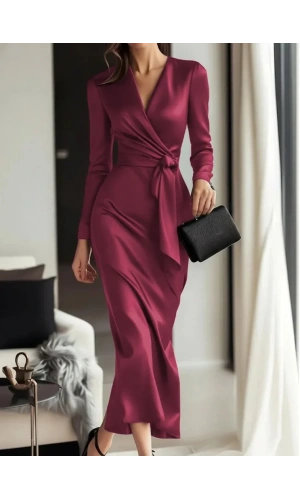 Kadın Uzun Kollu Kruvaze Yakalı Beli Kuşaklı Uzun Saten Elbise