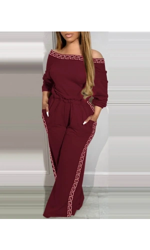 Kadın Uzun Kollu Omuzlardan Açık Beli Lastikli Cepli şerit Desenli Viskon Iki Iplik Tulum