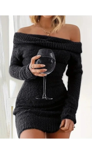 Kadın Uzun Kollu Omuzlardan Açık Kısa şardonlu Triko Elbise