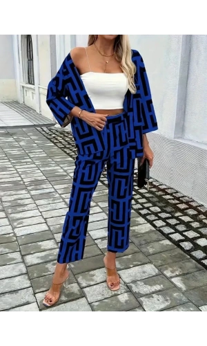 Kadın Uzun Kollu önü Açık Desenli Iki Iplik Ceket Ve Pantolon Ikili Takım