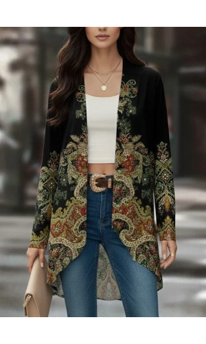 Kadın Uzun Kollu önü Açık Desenli şardonlu Dalgıç Ceket