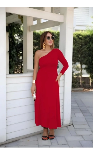 Kadın Uzun Kollu Tek Omuz Detay Krep Elbise