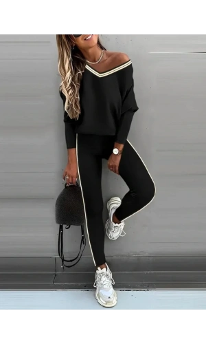 Kadın Uzun Kollu Tek Omuzu Açık Detaylı Viskon Iki Iplik Bluz Ve Pantolon Ikili Takım