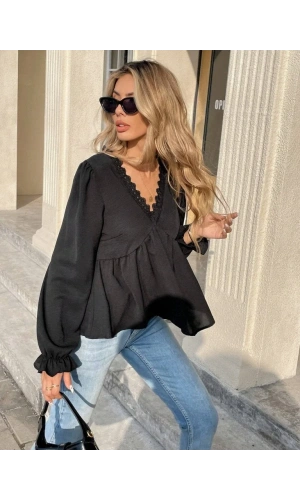 Kadın Uzun Kollu V Dantel Yaka Aerobin Bluz