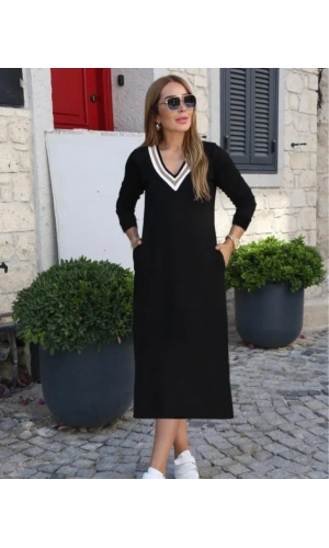 Kadın Uzun Kollu V şerit Yakalı Viskon Iki Iplik Elbise