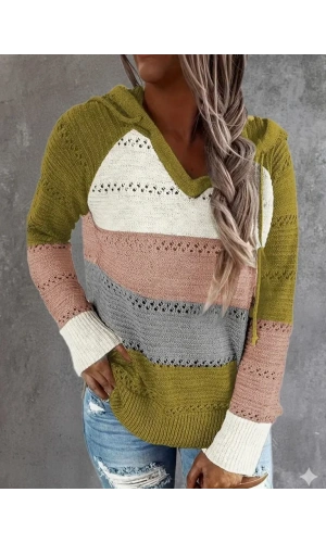 Kadın Uzun Kollu V Yakalı Bağcıklı Kapşonlu Triko Bluz