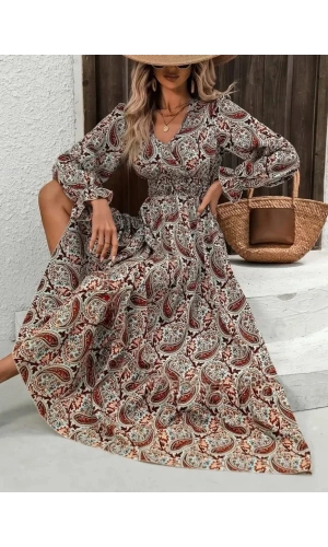 Kadın Uzun Kollu V Yakalı Beli Lastikli Desenli Süprem Elbise