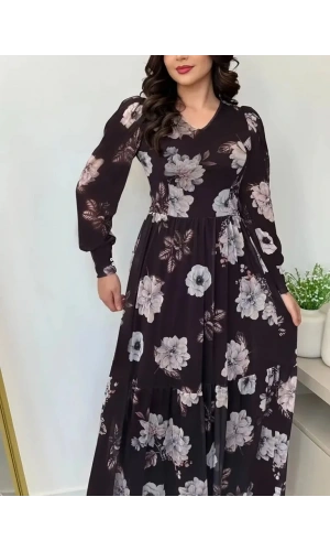 Kadın Uzun Kollu V Yakalı çiçek Desenli Maxi Süprem Elbise