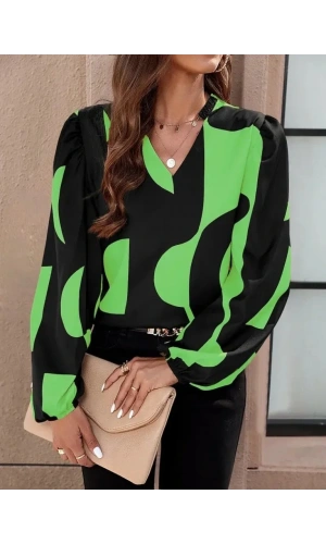 Kadın Uzun Kollu V Yakalı Desenli Modal Bluz