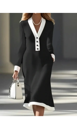 Kadın Uzun Kollu V Yakalı Düğmeli Midi Modal Elbise