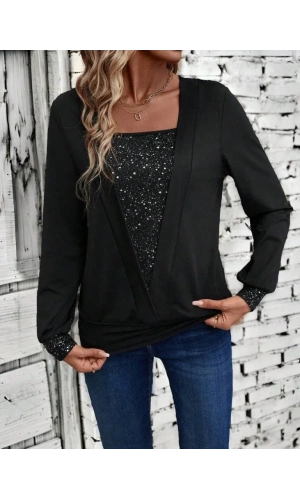 Kadın Uzun Kollu V Yakalı Içi Süprem Desenli Dışı Viskon Bluz