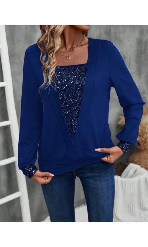 Kadın Uzun Kollu V Yakalı Içi Süprem Desenli Dışı Viskon Bluz