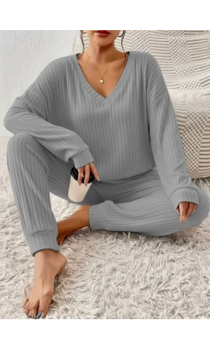 Kadın Uzun Kollu V Yakalı Kaşkorse Bluz Ve Pantolon Ikili Takım