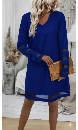 Kadın Uzun Kollu V Yakalı Tül şerit Detaylı Mini Krep Elbise