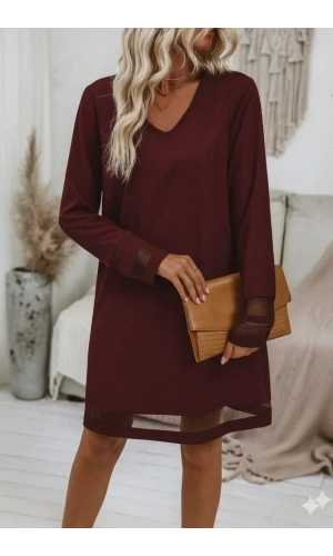 Kadın Uzun Kollu V Yakalı Tül şerit Detaylı Mini Krep Elbise