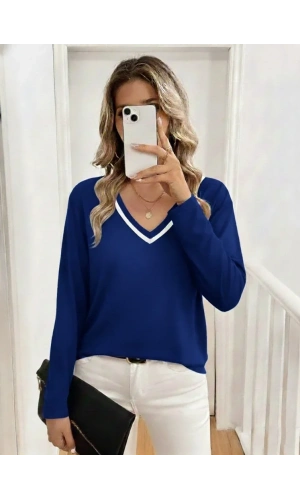Kadın Uzun Kollu V Yakalı Viskon Iki Iplik Bluz