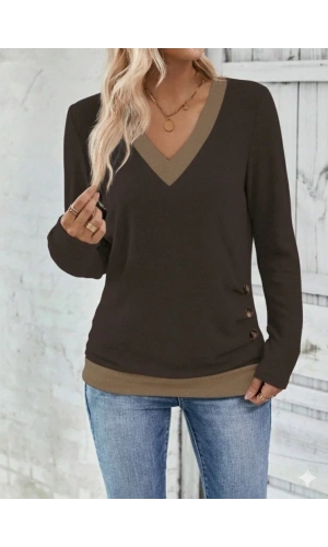 Kadın Uzun Kollu V Yakalı Yandan Düğmeli Yün Viskon Bluz