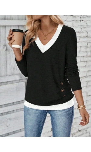 Kadın Uzun Kollu V Yakalı Yandan Düğmeli Yün Viskon Bluz