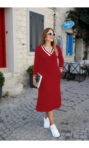 Kadın Uzun Kollu V Yakalı Yandan Yırtmaçlı Iki Iplik Midi Elbise