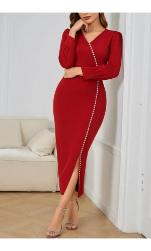 Kadın Uzun Kollu V Yakalı Yırtmaçlı Taşlı Uzun Ithal Krep Elbise