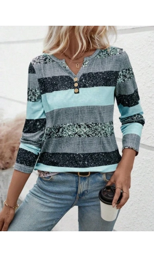 Kadın Uzun Kollu Yakadan Düğmeli çizgili Desenli Süprem Bluz