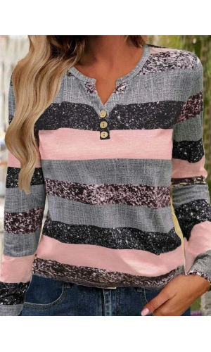 Kadın Uzun Kollu Yakadan Düğmeli çizgili Desenli Süprem Bluz