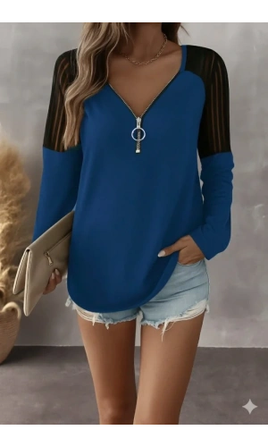 Kadın Uzun Kollu Yakadan Fermuarlı Viskon Bluz