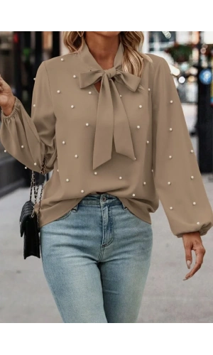 Kadın Uzun Kollu Yakadan Fiyonklu Incili Ithal Krep Bluz