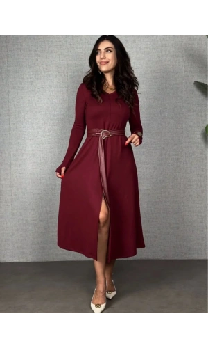 Kadın Uzun Kollu Yakalı Belden Deri Detaylı Kuşaklı Yırtmaçlı Midi Viskon Iki Iplik Elbise