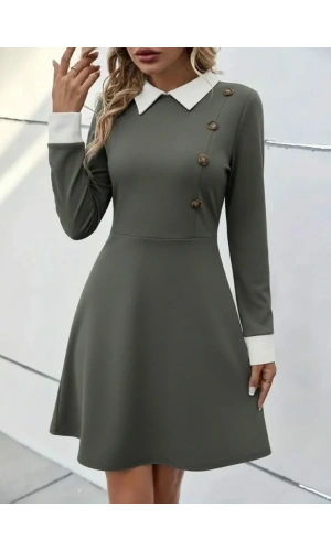Kadın Uzun Kollu Yakalı Düğmeli çağla Yeşili Modal Mini Elbise