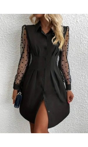 Kadın Uzun Kollu Yakalı Düğmeli Mini Ithal Krep Elbise