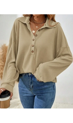 Kadın Uzun Kollu Yakalı Düğmeli Salaş Waffle Bluz