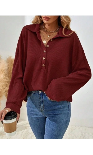 Kadın Uzun Kollu Yakalı Düğmeli Salaş Waffle Bluz