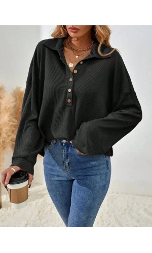 Kadın Uzun Kollu Yakalı Düğmeli Salaş Waffle Bluz