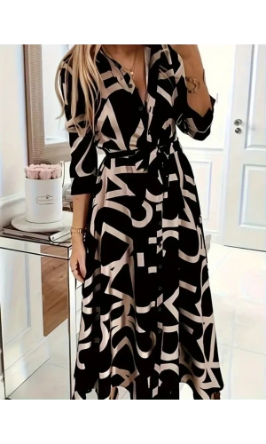 Kadın Uzun Kollu Yakalı önden Düğmeli Uzun Süprem Elbise