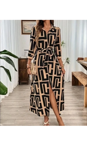 Kadın Uzun Kollu Yakalı önden Düğmeli Uzun Süprem Elbise