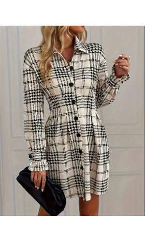 Kadın Uzun Kollu Yakalı önü Düğmeli Mini Modal Elbise