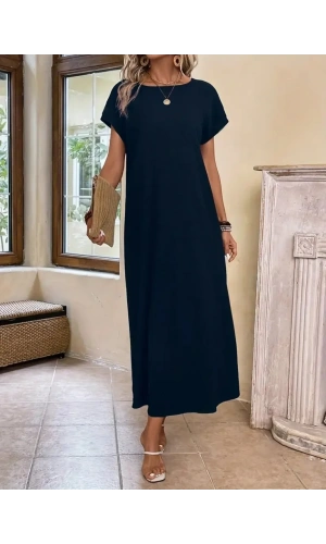 Kadın Uzun Kollu Yakası Açık Viskon Elbise