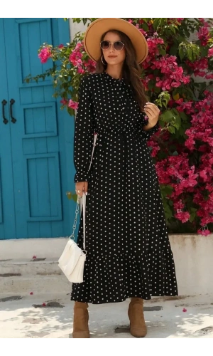 Kadın Uzun Kollu Yakası Bağcıklı Uzun Puantiyeli Krep Maxi Elbise