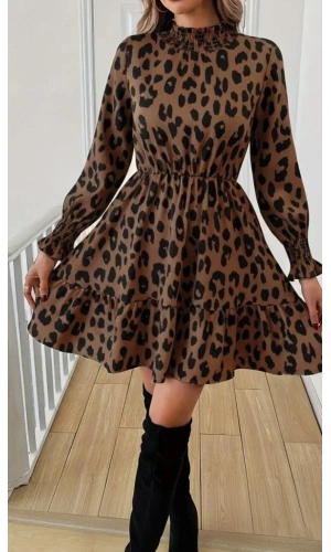 Kadın Uzun Kollu Yarı Balıkçı Yaka Leopar Desenli Modal Mini Elbise