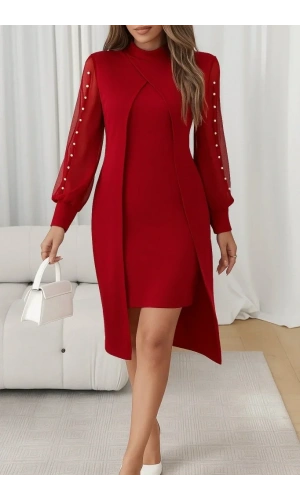 Kadın Uzun Kollu Yarı Balıkçı Yaka Tül Ve Inci Detaylı Kısa Ithal Krep Midi Elbise