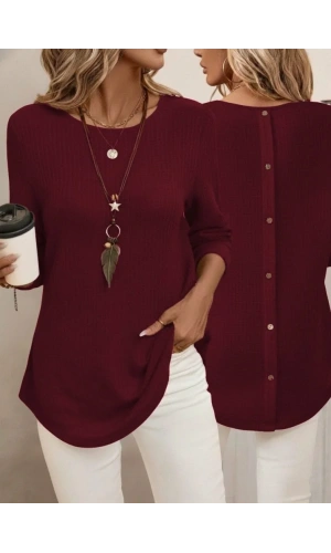 Kadın Uzun Kollu Yuvarlak Yaka Arkadan Düğmeli Waffle Bluz