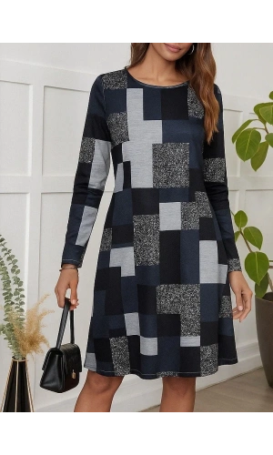 Kadın Uzun Kollu Yuvarlak Yaka Geometrik Süprem Elbise